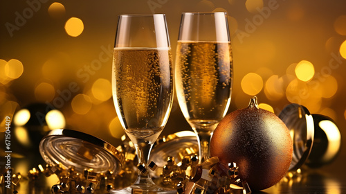 Two glasses of champagne with gold Christmas ribbon decoration on New Year's Eve
