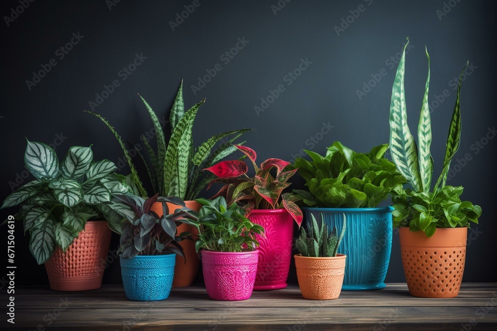 Assorted houseplants in colorful pots. Generative AI