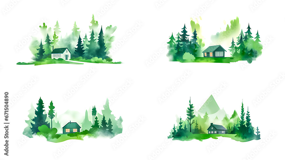 Obraz premium Watercolor style of set of green houses among green trees on white background.