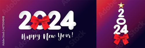 Happy new year 2024 design concept with paper numbers and red bow. Vector illustration of a Christmas tree with digits decorated with a golden xmas tree star