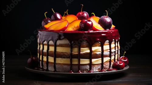 A cake with red and yellow plums and icing