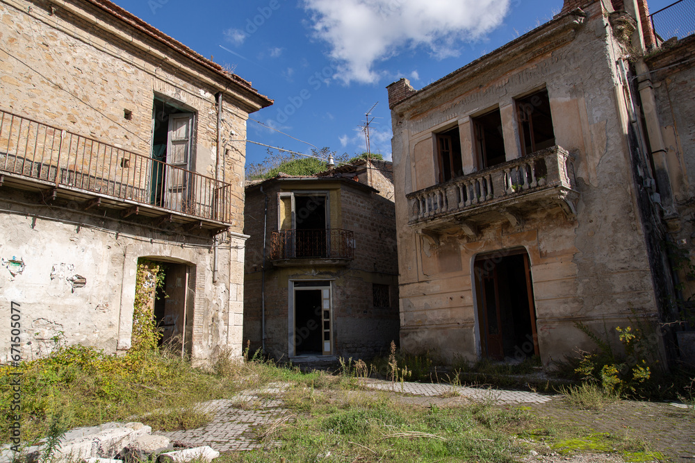 Abandoned houses in a ghost town in the province of Benevento in Italy. Village of old Apice (Borgo di Apice Vecchia)