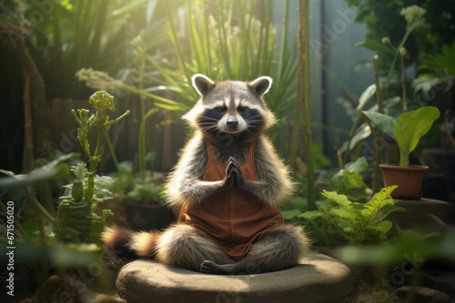 Close-up view of raccoon in meditation pose
