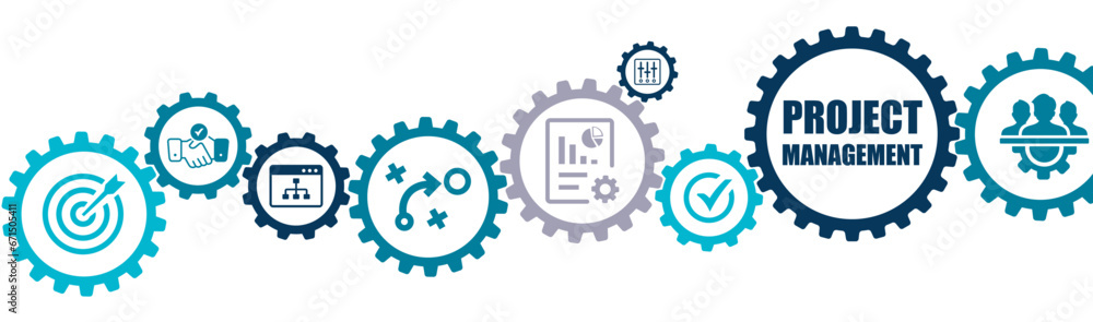 Professional project management banner vector illustration with the icons of planning, task, schedule, cost management, monitoring, progress, resource, risk, deliverables, contract on white background