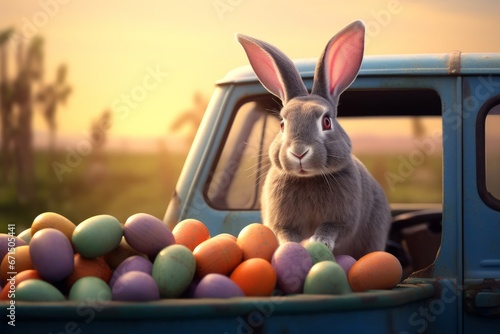 Cute Easter Bunny looking out of a car filed with easter eggs at sunset, Generative AI © Pixel Nirvana