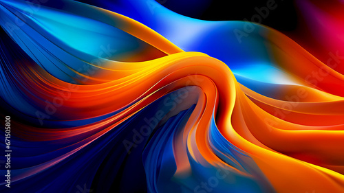 Abstract 3D design with coloful waves. Layers of different colors: yellow, blue and purple colored background. 