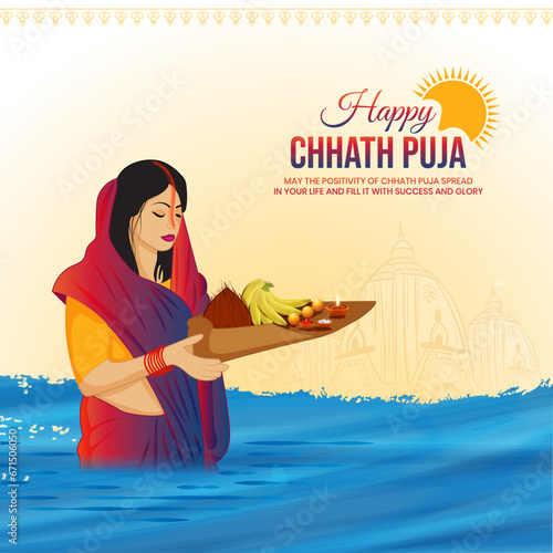 Chhath Puja Indian Bihari festival celebration traditional background vector illustration. Women doing prayer of sunrise and bathing in holy river.