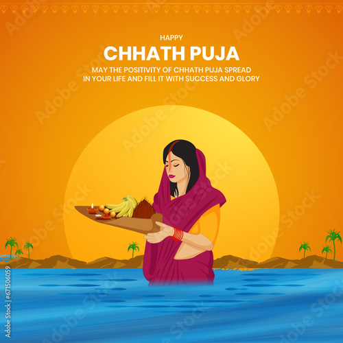 Chhath Puja Indian Bihari festival celebration traditional background vector illustration. Women doing prayer of sunrise and bathing in holy river.