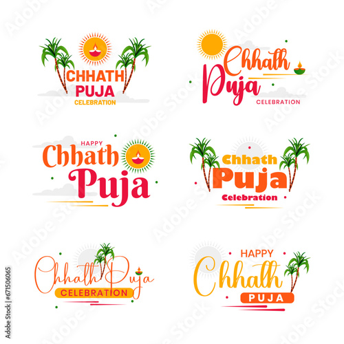 Creative typography, emblem and badges set of Chhath Puja Indian festival celebration.