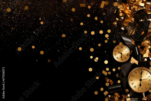 New Year's Eve clock and gold Christmas decorations background copy space