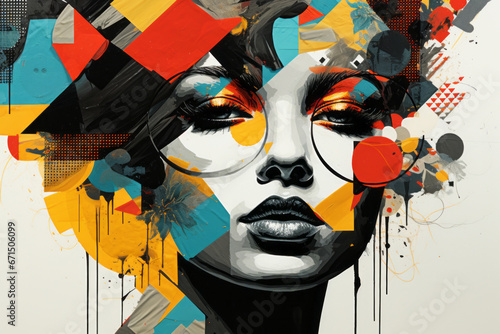 Contemporary pop art portrait of young woman in sun glasses in modern bright colors paint. Abstract wallpaper artwork