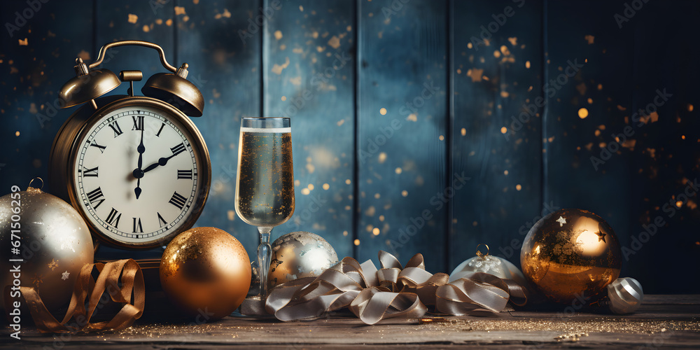 Vintage New Year's Eve Christmas background with an old clock - obrazy, fototapety, plakaty 
