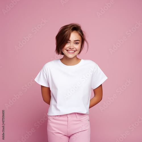 Mock-up t-shirt beautiful smiley  woman white t-shirt