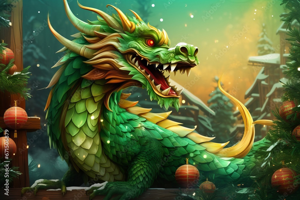 A fabulous green wooden dragon. A cute cartoon dragon is sitting next to Christmas tree with gifts. New Year's 2024 card A fabulous green wooden dragon. A cute cartoon dragon is sitting next to Christmas tree with gifts. New Year's 2024 card