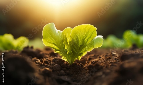 Close up  a small lettuce seedling on plantation at sunrise, Concept of Sustainability and healthy food. Generative AI photo