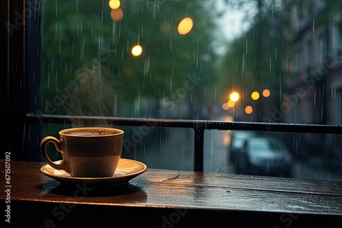 Rainy day. Enjoying warm cup by window. Cosy reflections. Coffee on wooden table by rain streaked. Morning in rainy hues. Aromatic by wet photo