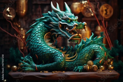 Fabulous cartoon green wooden dragon symbol of the 2024 New Year. The symbol of the Chinese Asian New Year. © Alena