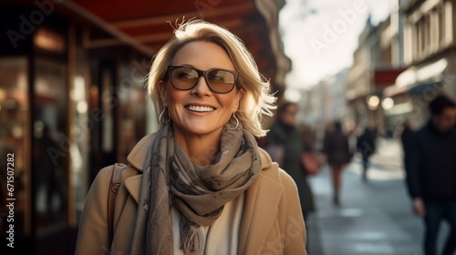 Blonde woman 50 years old with beautiful smile walk on street. Portrait Modern mature successful woman