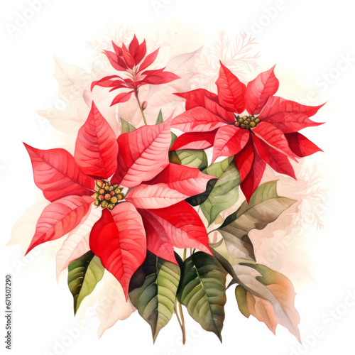 Hand painted watercolor illustration of a red poinsettia branch on a white background