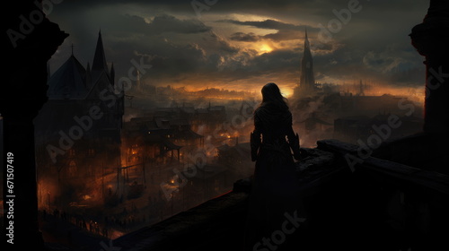 Medieval woman assassin in black cloak stands against the background of glowing burning city at night photo