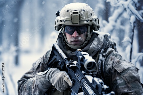 Soldiers engaged in cold-weather training exercises, emphasizing resilience and adaptability. Generative Ai © bluebeat76