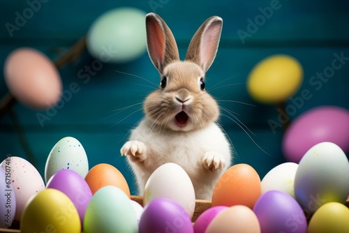 Happy Easter Bunny surrounded with colourful easter eggs, Generative AI