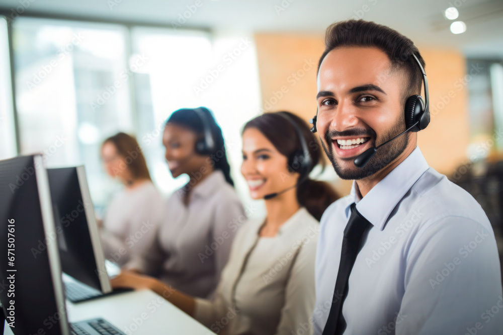 Call centre specialist, help desk service operator talking with client Call centre specialist, help desk service operator talking with client