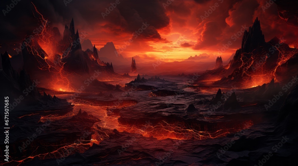 End of the world, the apocalypse, Armageddon. Lava flows flow across the planet, hell on earth, fantasy landscape inferno magma volcano - obrazy, fototapety, plakaty 