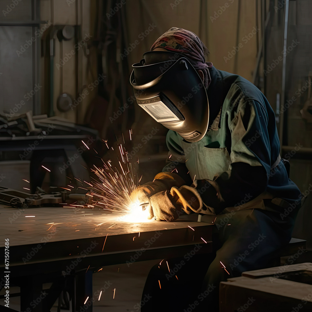 A man wearing a gas mask is working or welding on a piece of metal. A man wearing a gas mask is working or welding on a piece of metal.