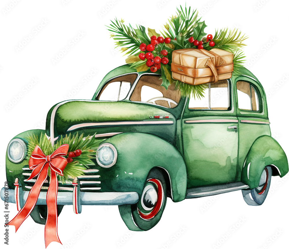 Watercolor Green Christmas Truck in Retro Style, Isolated