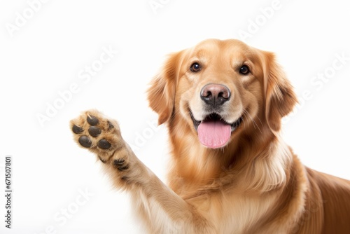 Portrait of a happy adult golden retriever dog pointing with his paw and smiling on isolated white background with copy space  Generative AI