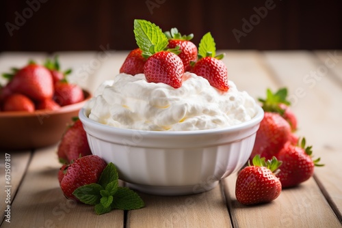 Delicious strawberries with whipped cream on a wooden table  close-up. Generated by artificial intelligence