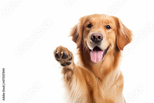 Portrait of a happy adult golden retriever dog pointing with his paw and smiling on isolated white background with copy space, Generative AI