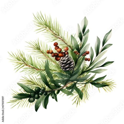 Xmas watercolor decoration of evergreen Christmas tree with pine cone and berry on white backdrop. Winter holiday celebration © Cherstva