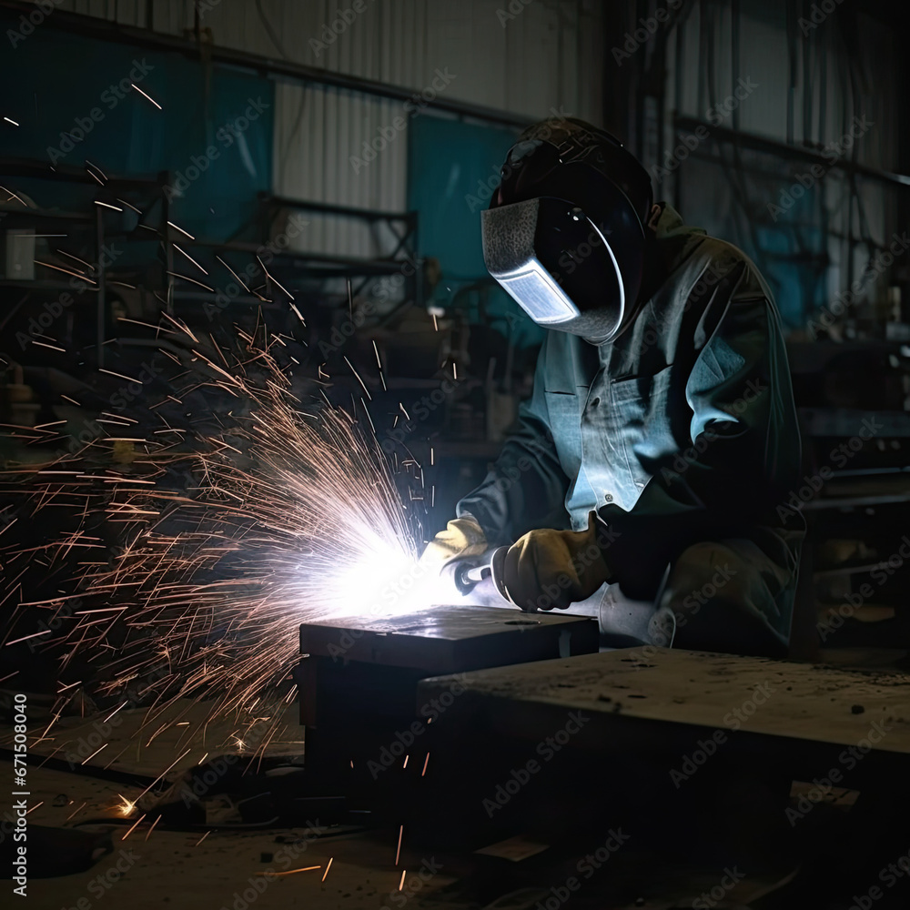 A man wearing a gas mask is working or welding on a piece of metal. A man wearing a gas mask is working or welding on a piece of metal.
