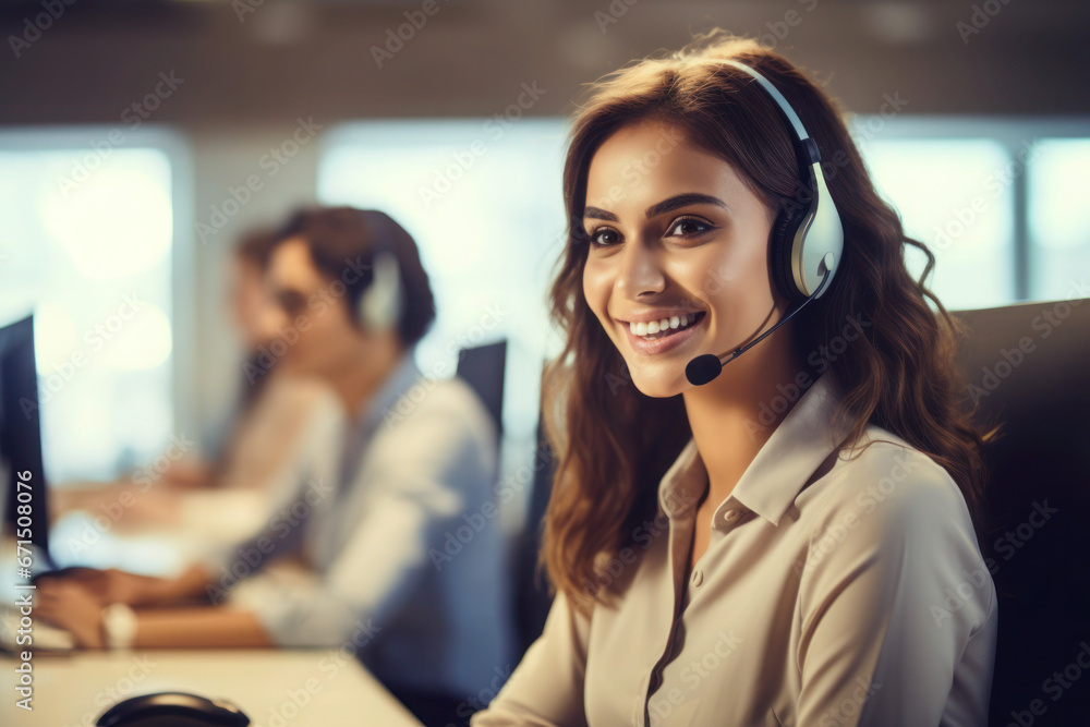 Call centre specialist, help desk service operator talking with client Call centre specialist, help desk service operator talking with client