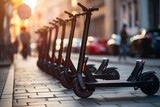 Fleet of Electric Scooters parked in a city, Generative AI