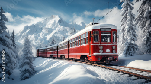 A red train travels through a winter landscape