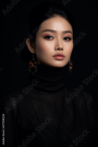 Portrait of an Asian young woman with black hair in a turtleneck on a black background. Minimalism art. Beauty face  evening makeup