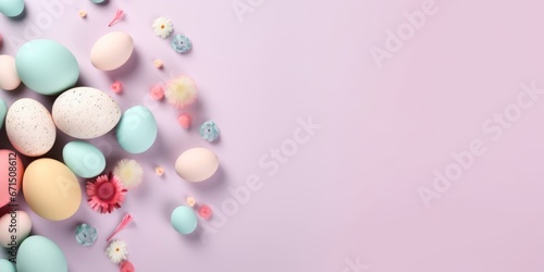 Pastel Easter Eggs on a pastel background banner, top view with copy space, Minimalist Easter background, Generative AI