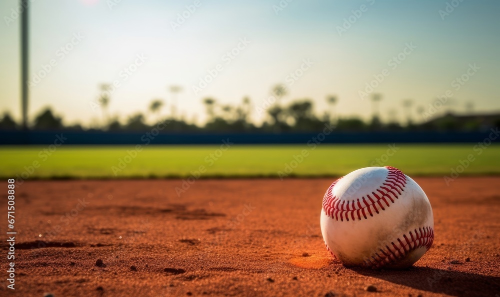 Baseball ball lying on the baseball field, concept of the beginning of the Baseball season. Generative AI - obrazy, fototapety, plakaty 