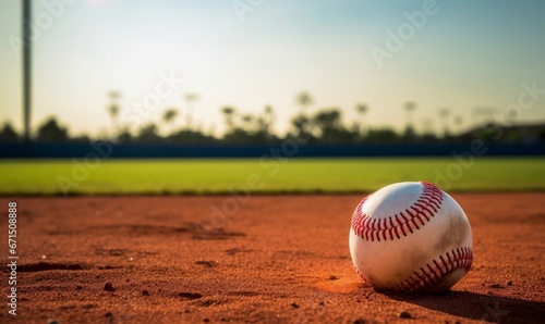 Baseball ball lying on the baseball field, concept of the beginning of the Baseball season. Generative AI photo