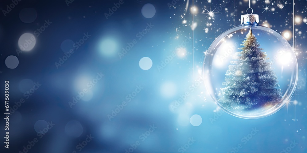 Fototapeta premium Festive glitter. Sparkling christmas ornaments in winter glow. Magic of season. Shiny baubles adorning tree. Winter wonderland decor. Ornate in snowy silence