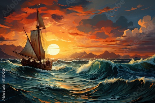 a cyan fishing vessel sailing in the ocean with many waves, sunset in the background