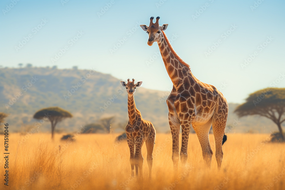 Giraf mom with baby wildlife animal in africa with savanna background - obrazy, fototapety, plakaty 
