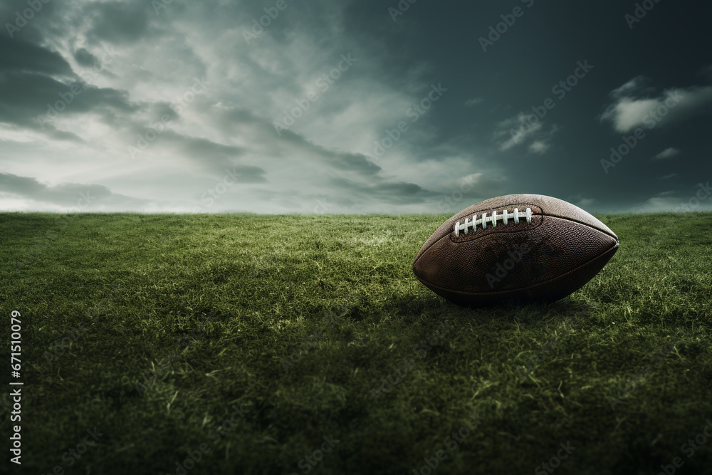 Closeup shot of american footbal on green field Closeup shot of american footbal on green field