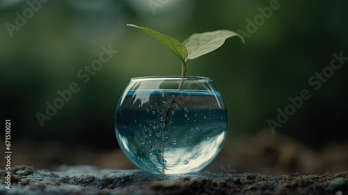 A plant in a fish bowl with a green leaf on the bottom. photo