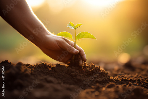 Human hand growing young plant on soil with sun light background.