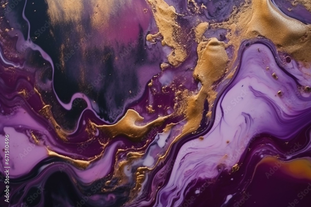 Beautiful abstract acrylic pour banner with flowing violet and purple colors, enhanced by a golden glitter texture. Generative AI