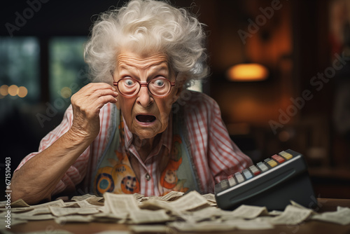 shocked old woman making household budget, calculating taxes and working with invoices